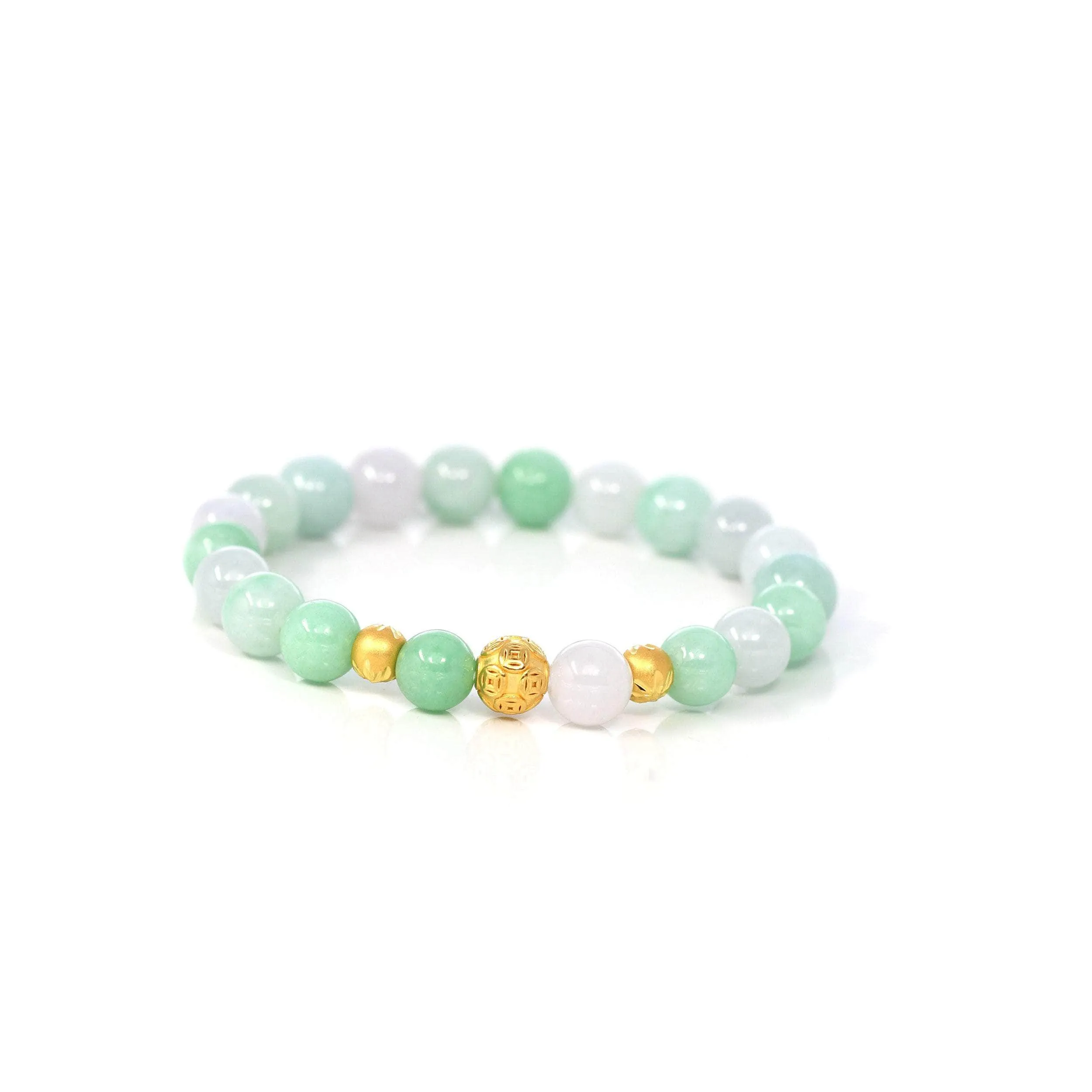 24K Pure Yellow Gold Money Beads With Genuine Green Jade Round Beads Bracelet ( 9 mm )