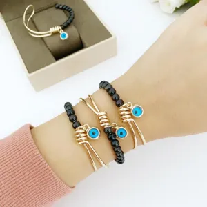Adjustable Evil Eye Bracelet with Gold Cuff and Blue Bead - Handmade Stainless Steel Jewelry with Tarnish Resistance