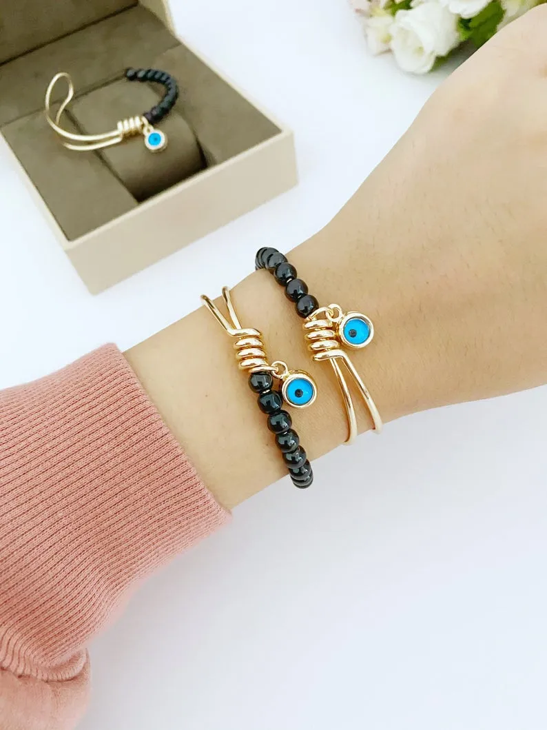 Adjustable Evil Eye Bracelet with Gold Cuff and Blue Bead - Handmade Stainless Steel Jewelry with Tarnish Resistance