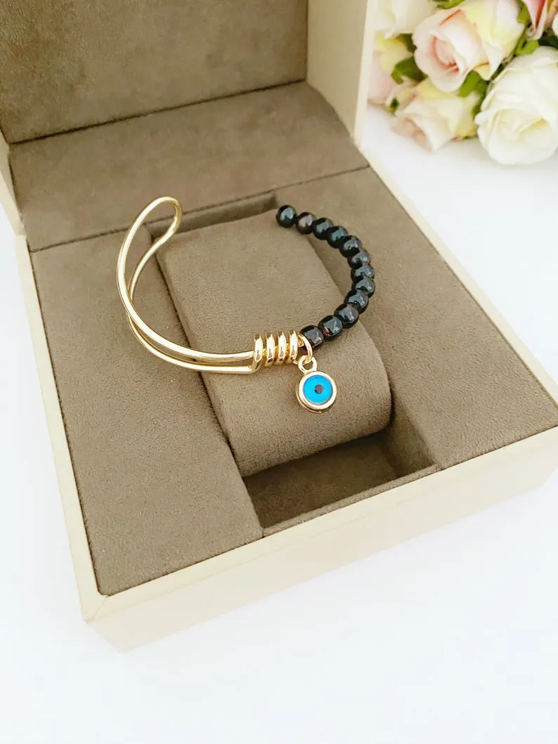 Adjustable Evil Eye Bracelet with Gold Cuff and Blue Bead - Handmade Stainless Steel Jewelry with Tarnish Resistance