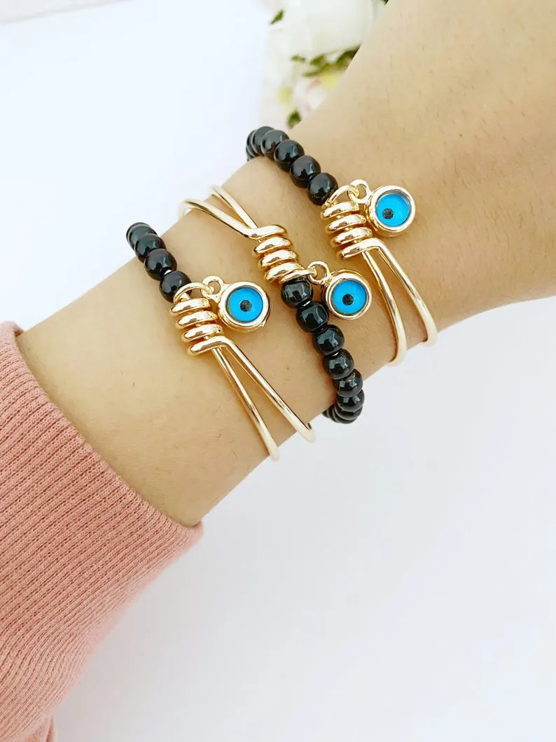 Adjustable Evil Eye Bracelet with Gold Cuff and Blue Bead - Handmade Stainless Steel Jewelry with Tarnish Resistance