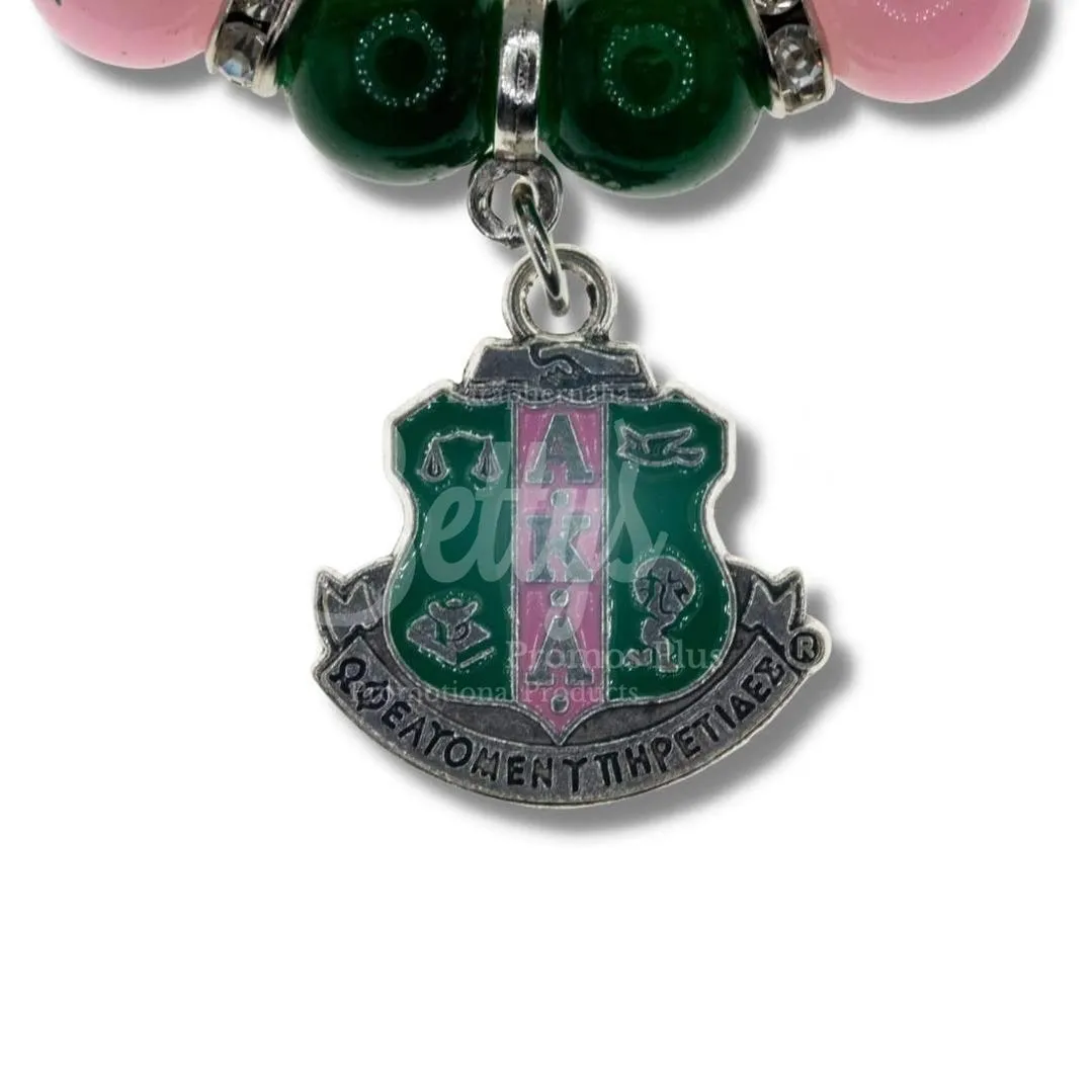 Alpha Kappa Alpha AKA Pink and Green Beaded Bracelet with Shield Charm