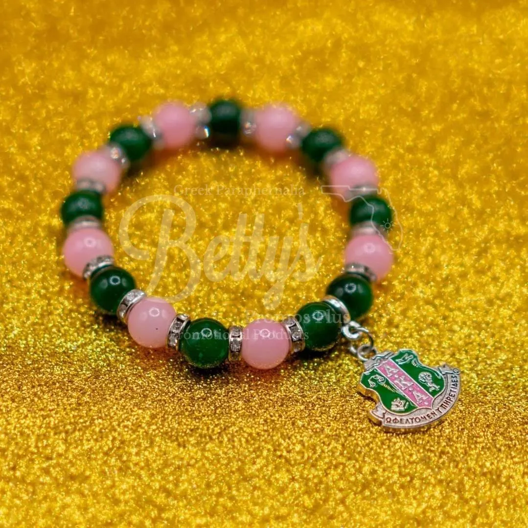 Alpha Kappa Alpha AKA Pink and Green Beaded Bracelet with Shield Charm