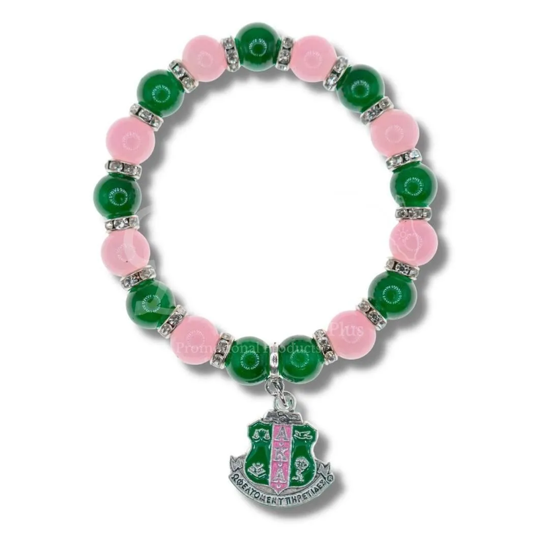 Alpha Kappa Alpha AKA Pink and Green Beaded Bracelet with Shield Charm