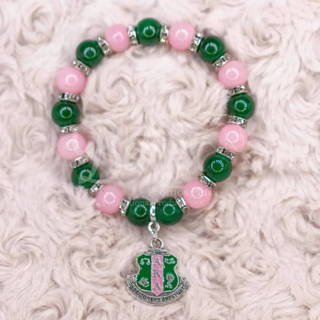 Alpha Kappa Alpha AKA Pink and Green Beaded Bracelet with Shield Charm