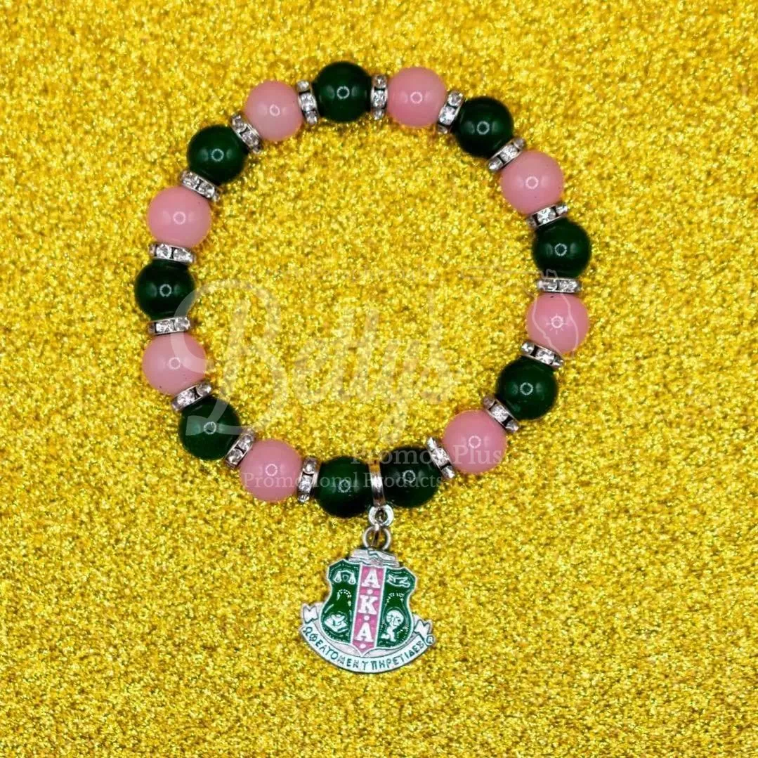 Alpha Kappa Alpha AKA Pink and Green Beaded Bracelet with Shield Charm