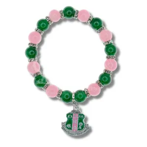 Alpha Kappa Alpha AKA Pink and Green Beaded Bracelet with Shield Charm