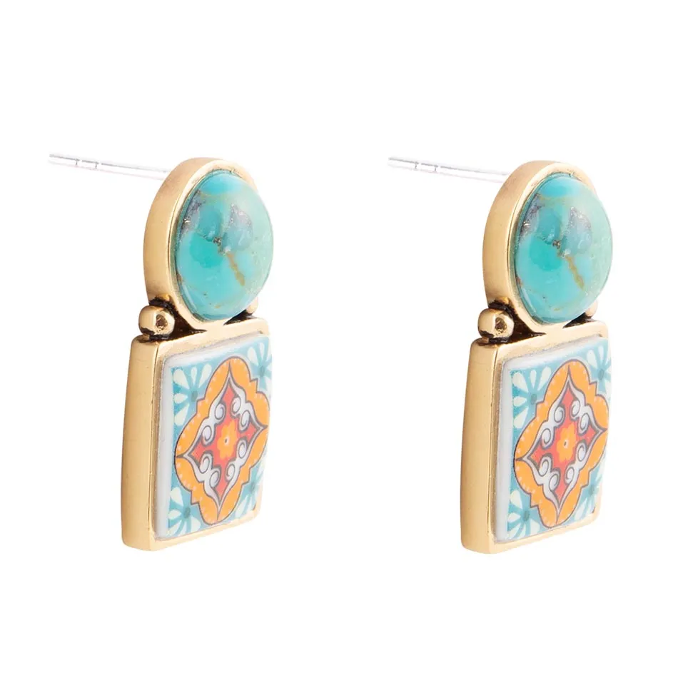 Barse Talavera Tile Blue Turquoise Golden Drop Earrings