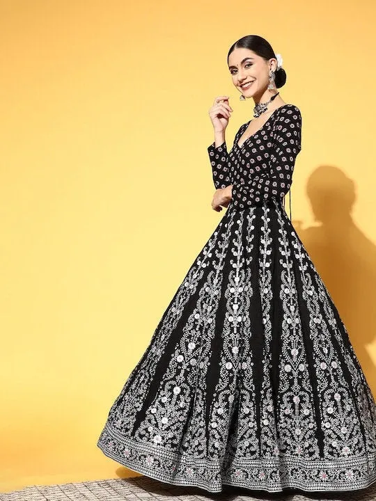 Black Ethnic Motifs Printed Anarkali With Dupatta