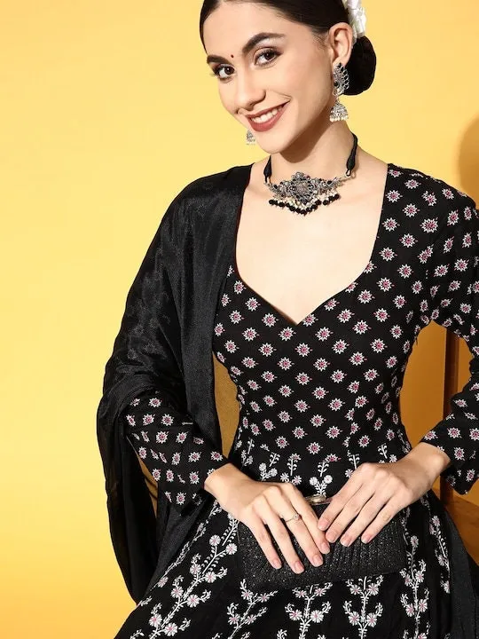 Black Ethnic Motifs Printed Anarkali With Dupatta