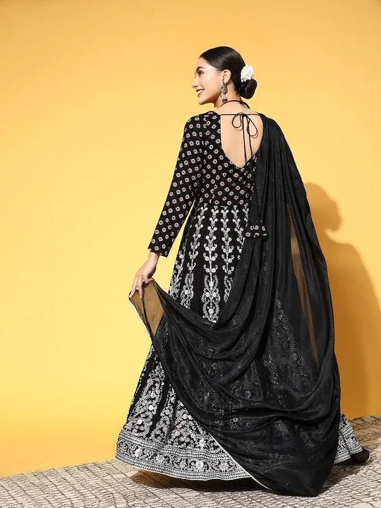 Black Ethnic Motifs Printed Anarkali With Dupatta
