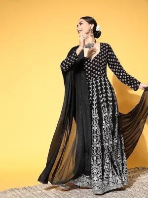 Black Ethnic Motifs Printed Anarkali With Dupatta