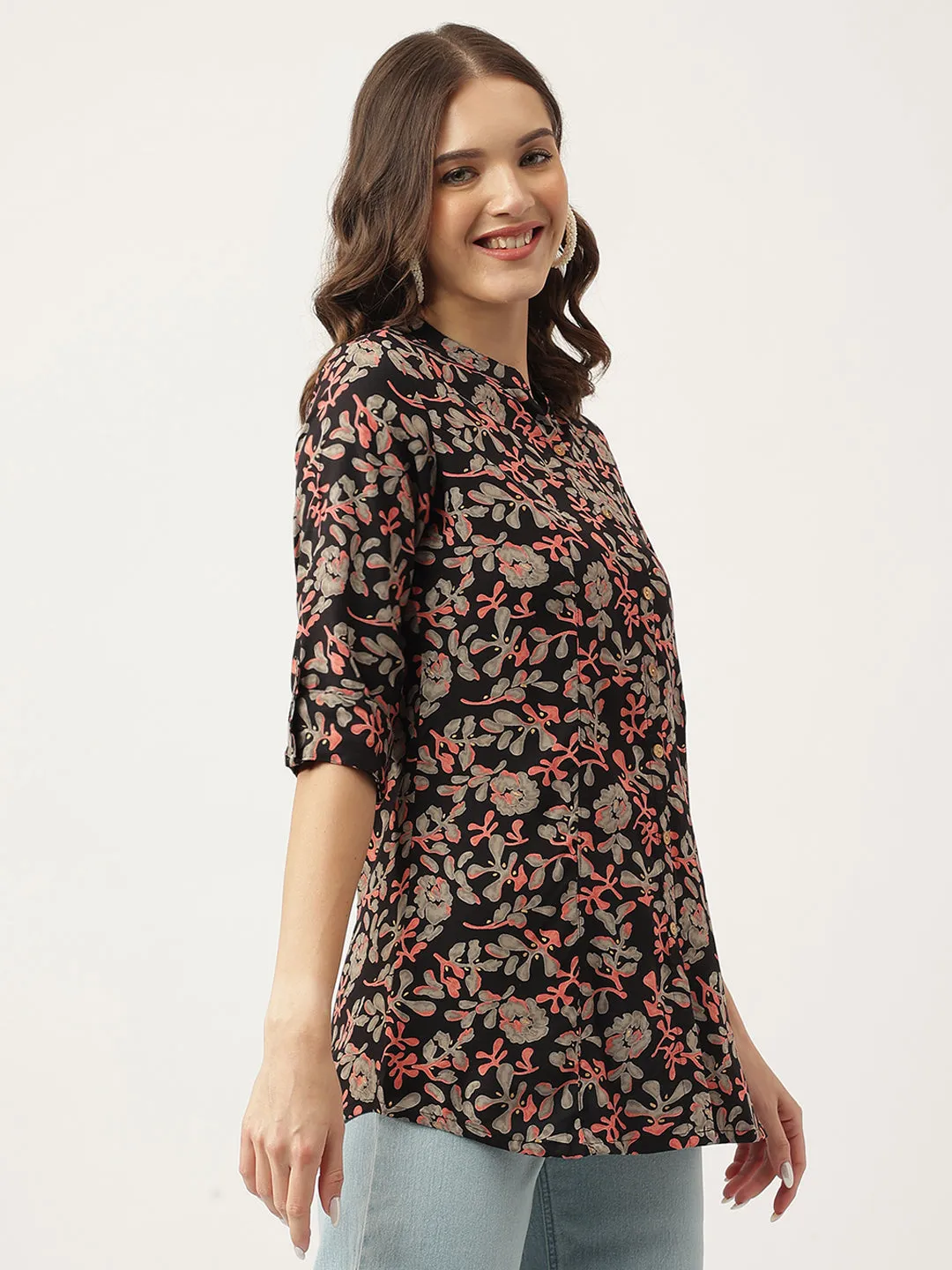 Black Floral Printed Rayon Shirt Style Top