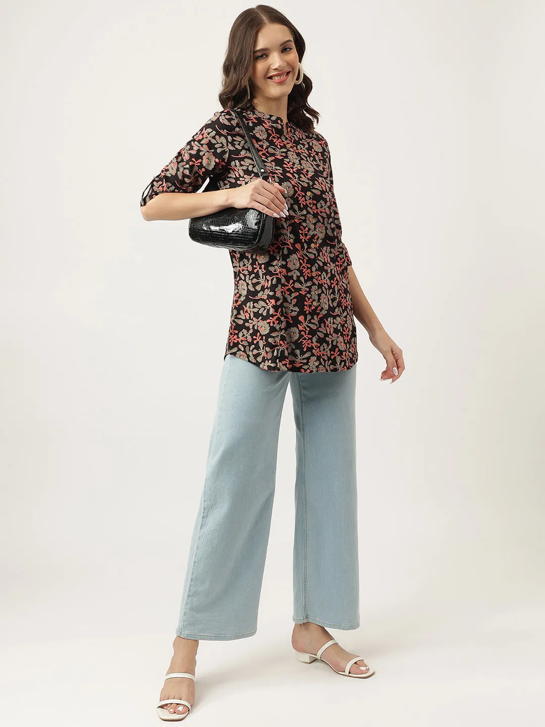Black Floral Printed Rayon Shirt Style Top