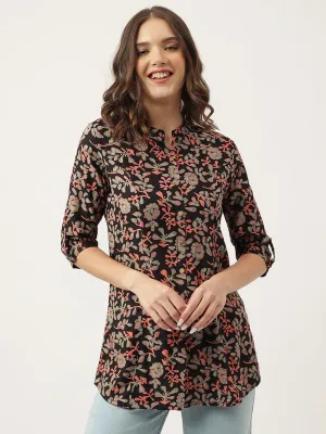 Black Floral Printed Rayon Shirt Style Top