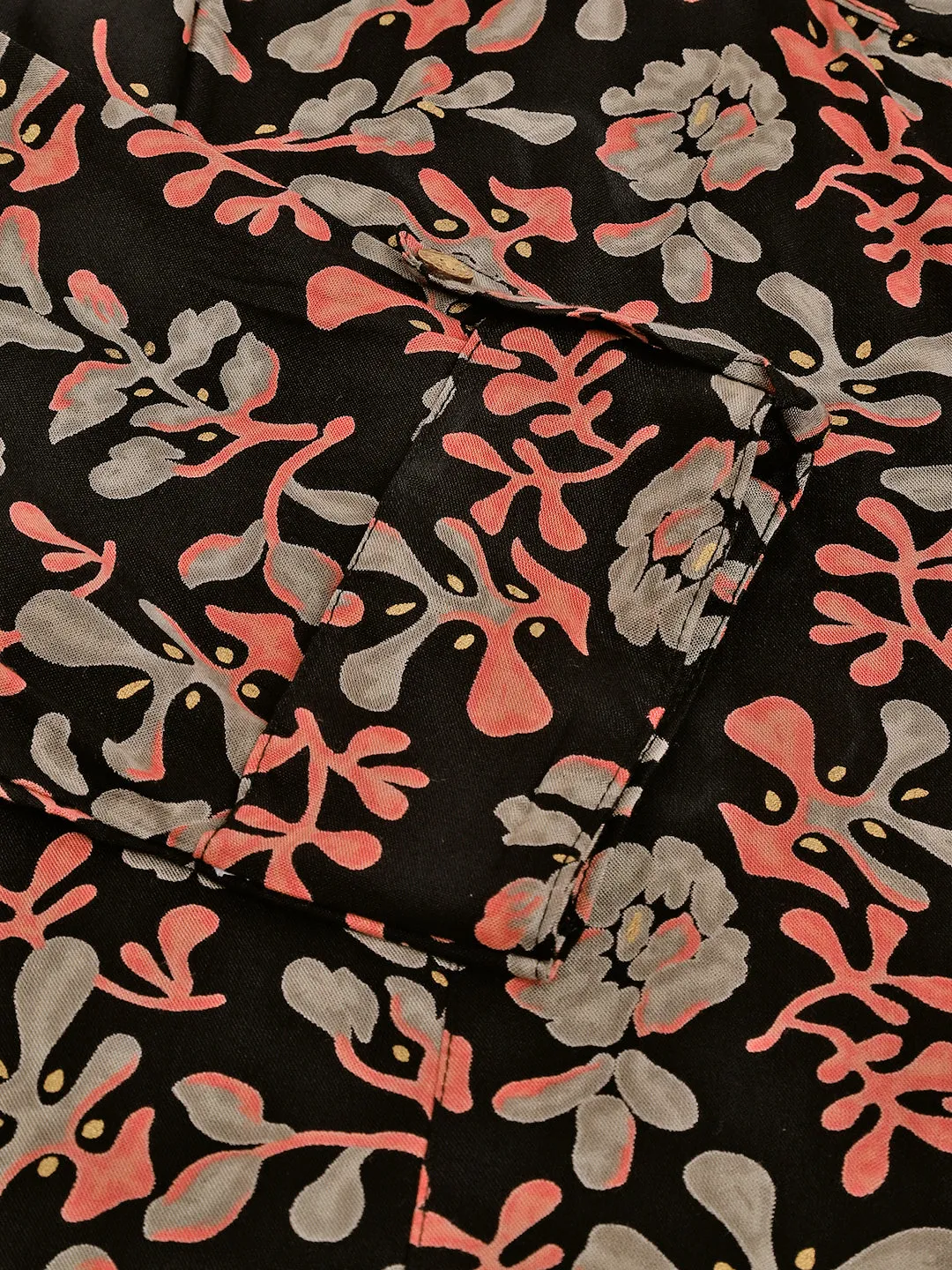 Black Floral Printed Rayon Shirt Style Top