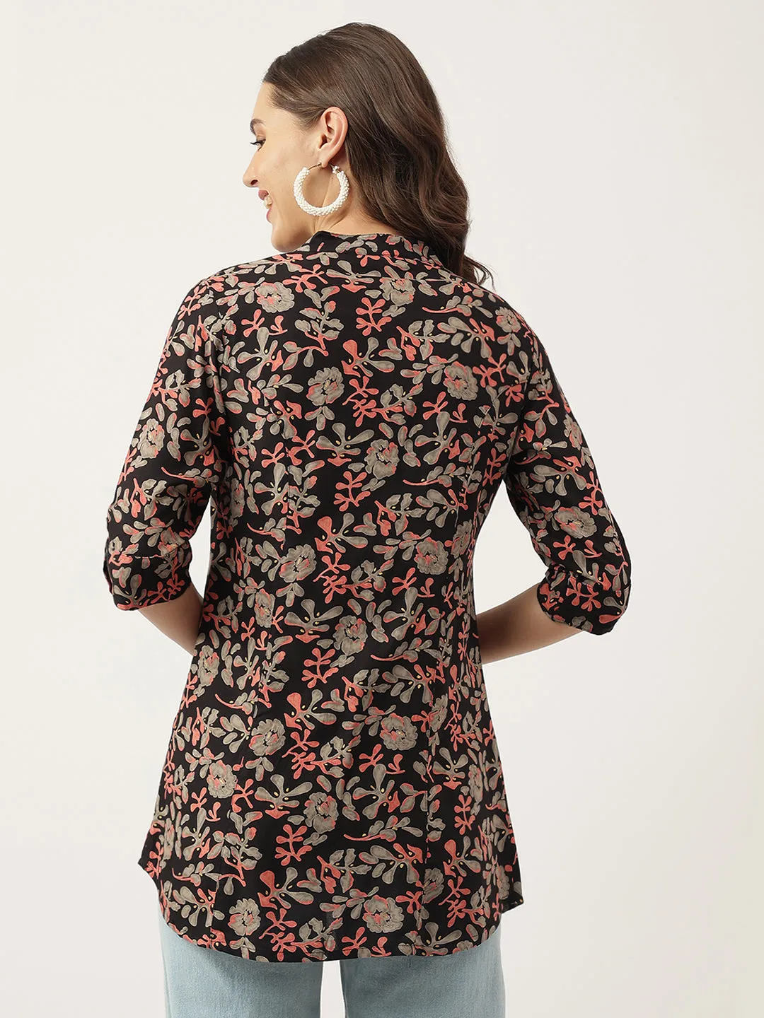 Black Floral Printed Rayon Shirt Style Top