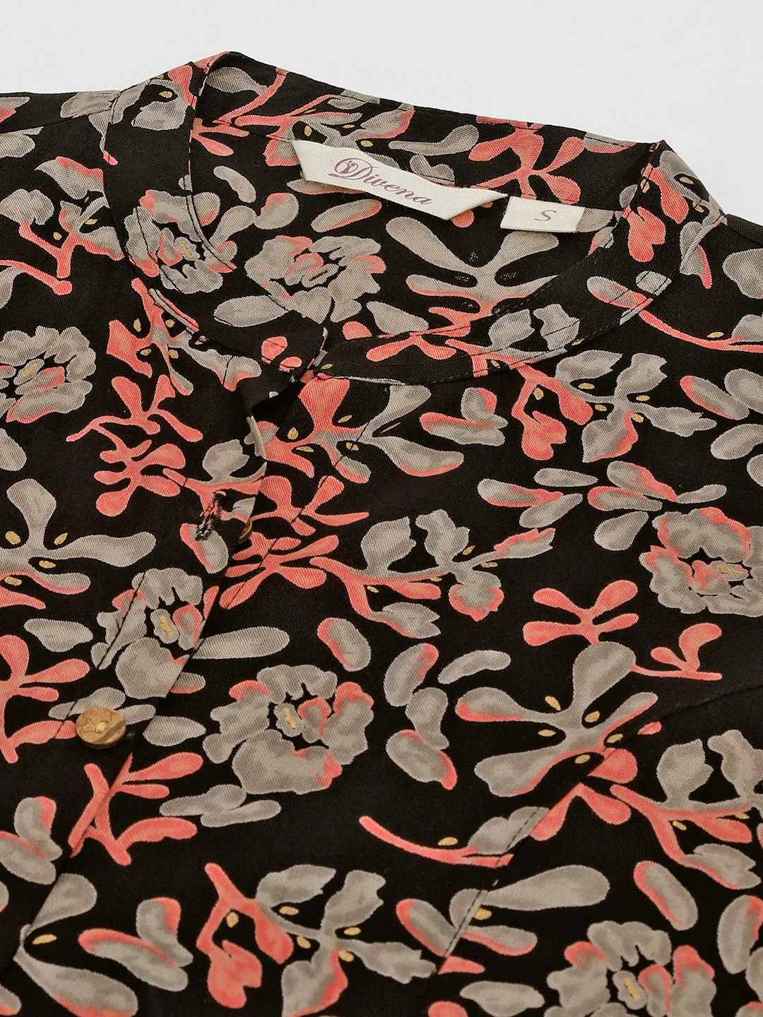 Black Floral Printed Rayon Shirt Style Top