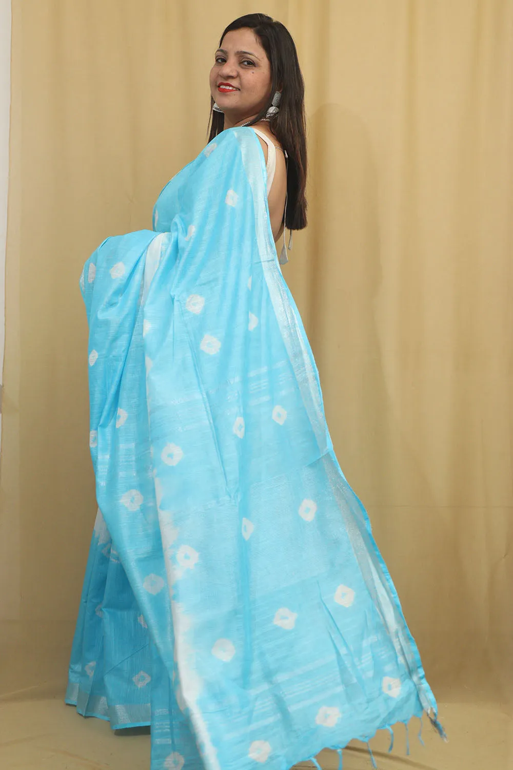 Blue Bhagalpur Cotton Silk Tie And Dye Shibori Saree