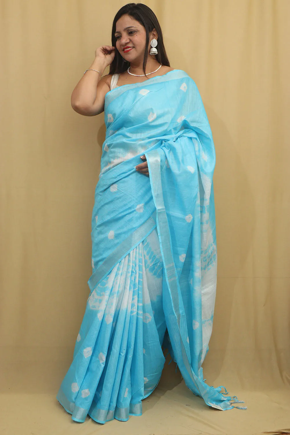 Blue Bhagalpur Cotton Silk Tie And Dye Shibori Saree