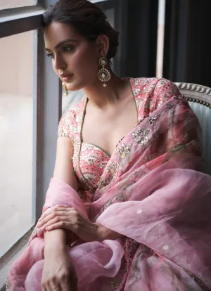 Blush Pink Pre Draped Embroidered Organza Saree