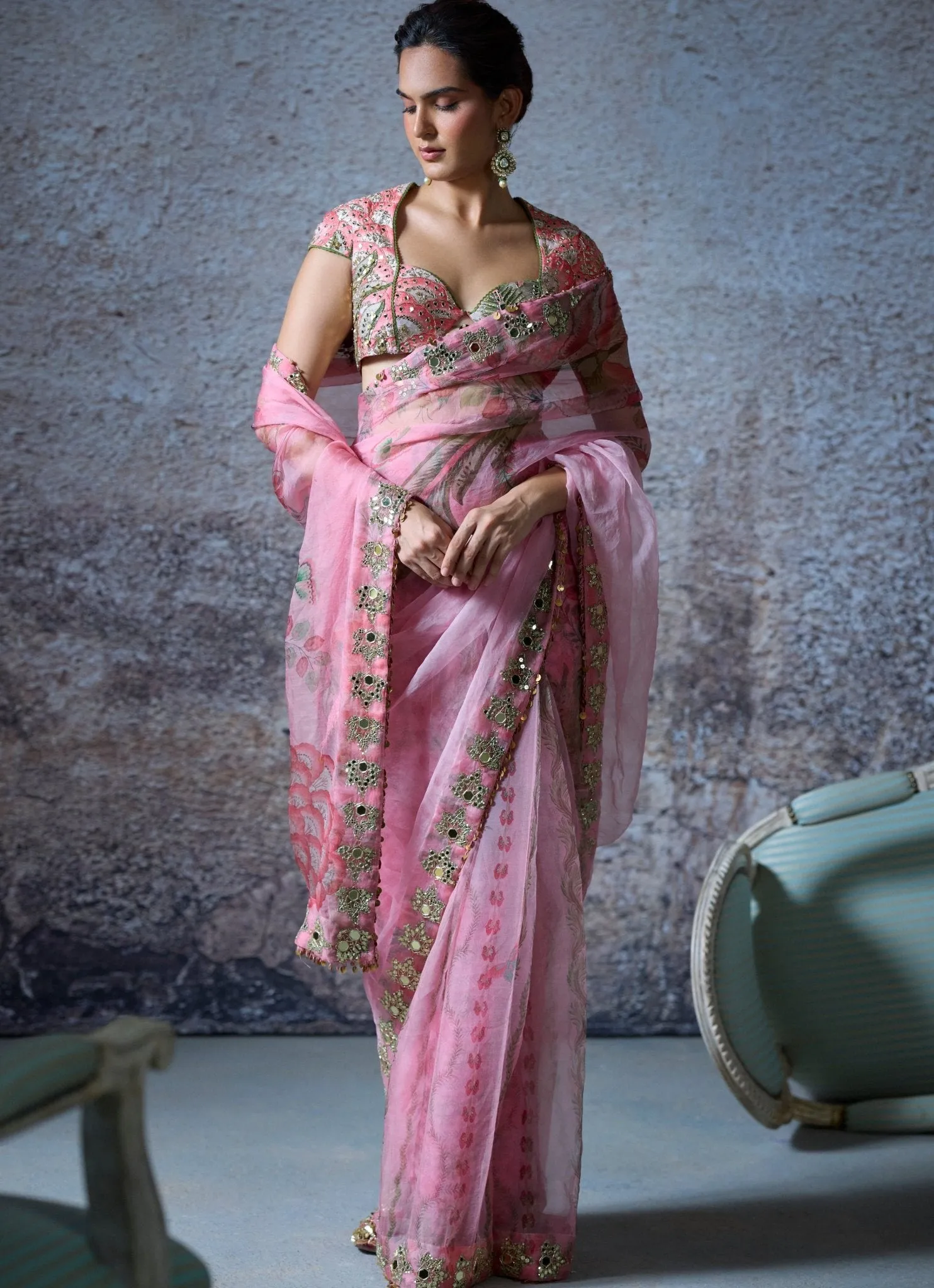 Blush Pink Pre Draped Embroidered Organza Saree