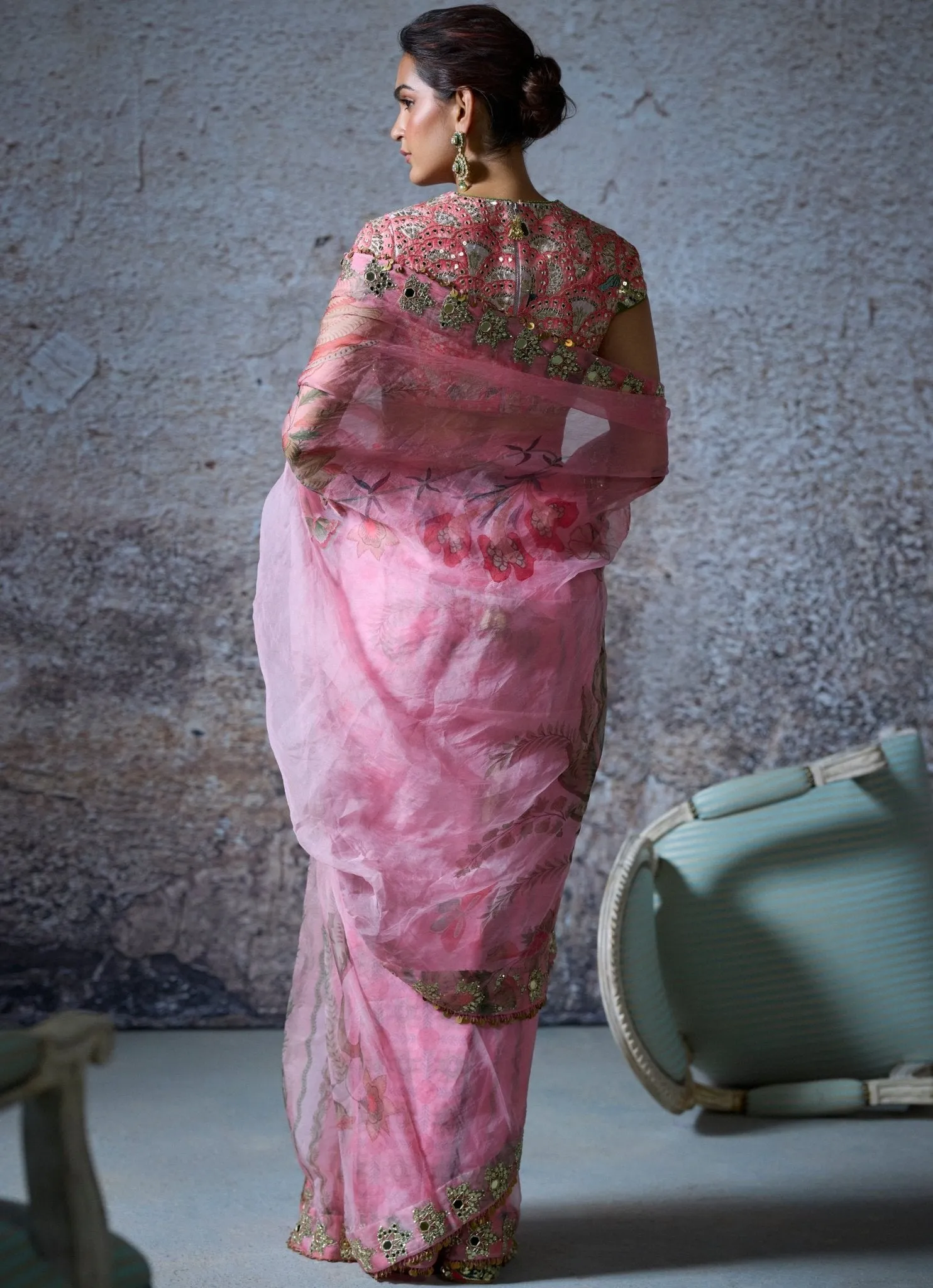 Blush Pink Pre Draped Embroidered Organza Saree