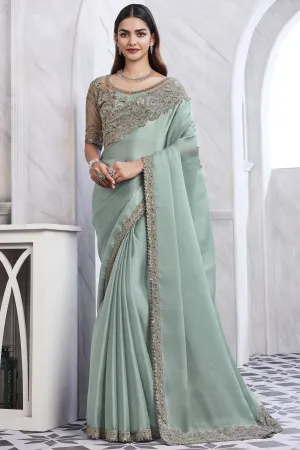 Creative Border Work On Sea Green Color Art Silk Fabric Saree