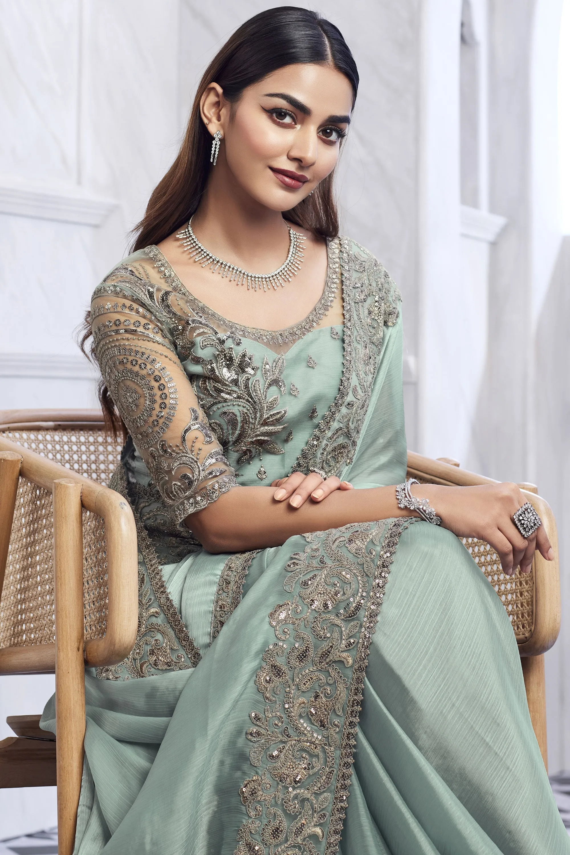Creative Border Work On Sea Green Color Art Silk Fabric Saree