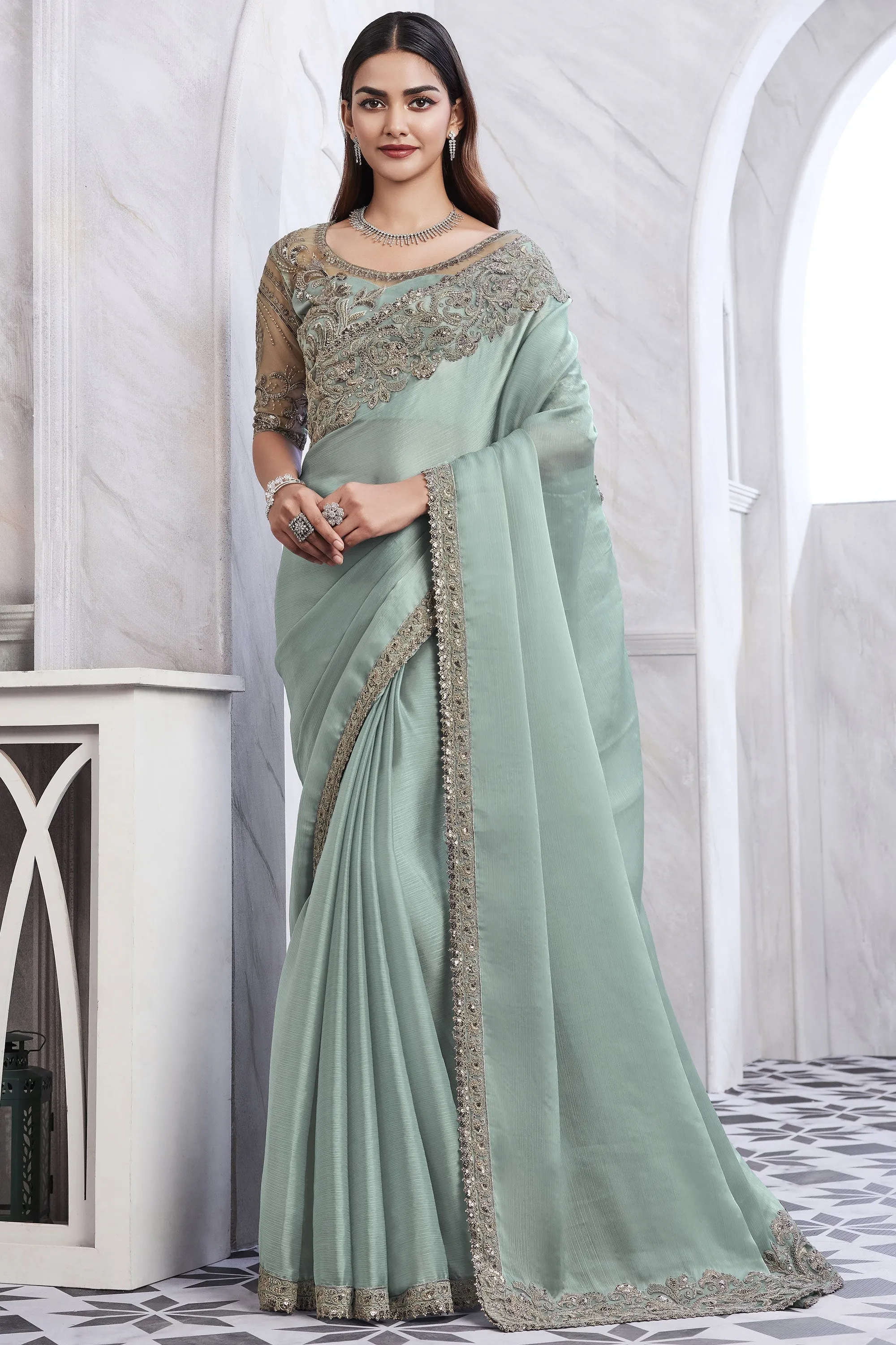 Creative Border Work On Sea Green Color Art Silk Fabric Saree