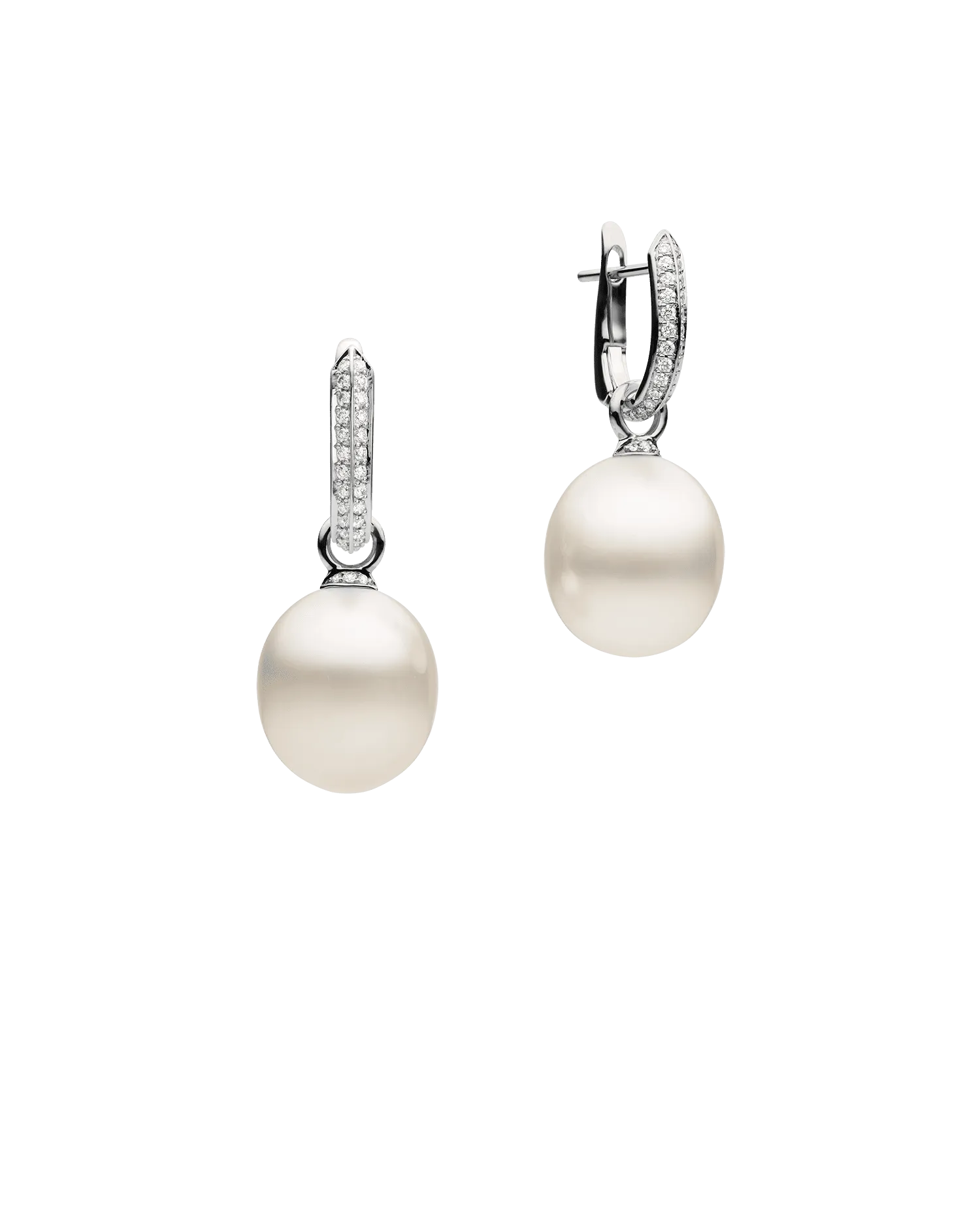 Diamond Keel Edge Pearls My Way Earrings | 13mm Oval Pearls, Diamonds, and White Gold