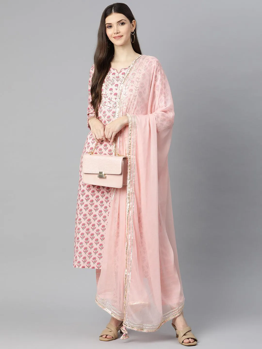 Divena Pink Cotton Straight Kurta Pant Set With Dupatta
