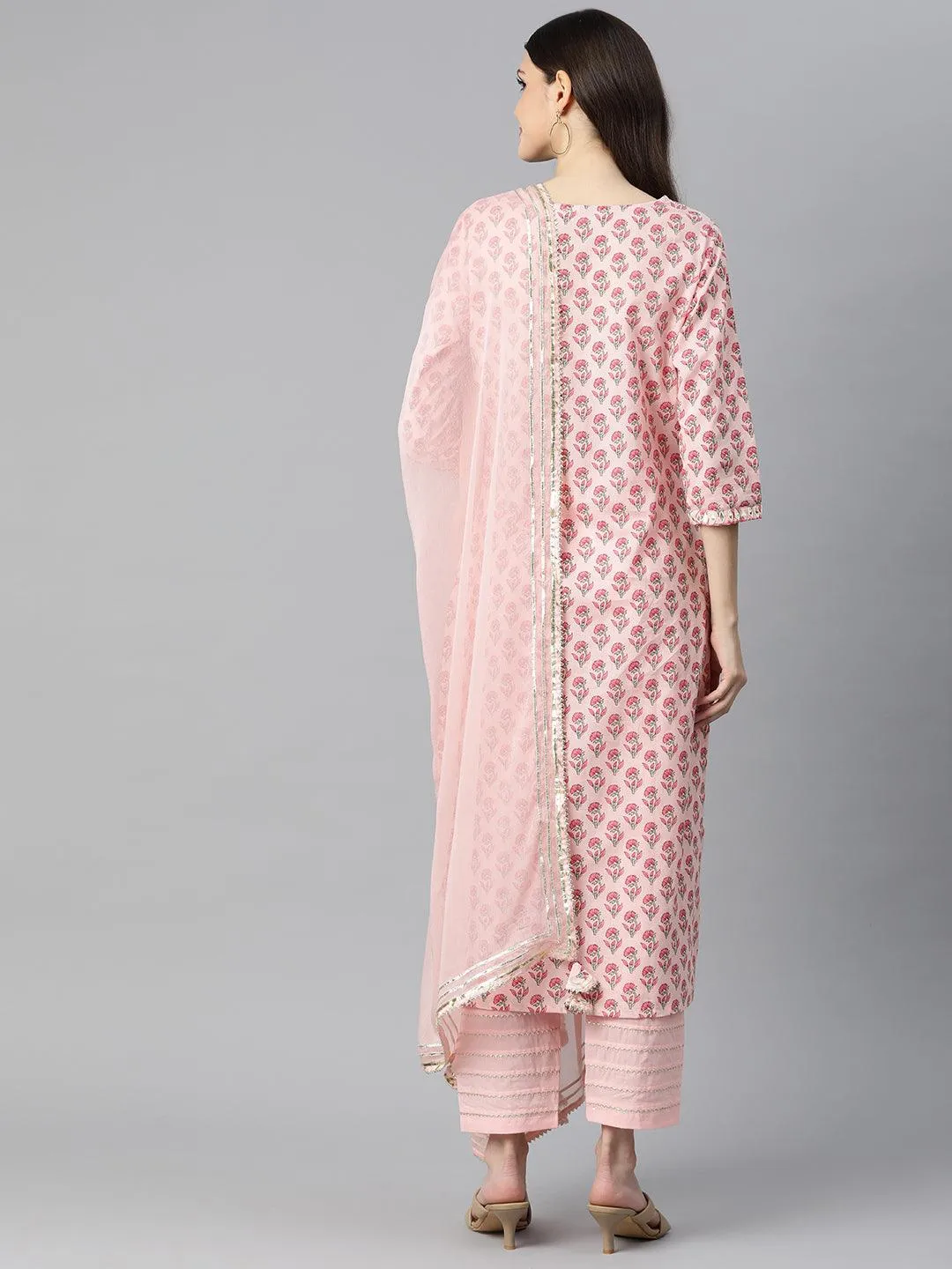 Divena Pink Cotton Straight Kurta Pant Set With Dupatta