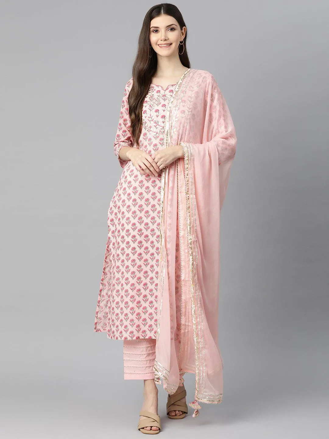 Divena Pink Cotton Straight Kurta Pant Set With Dupatta