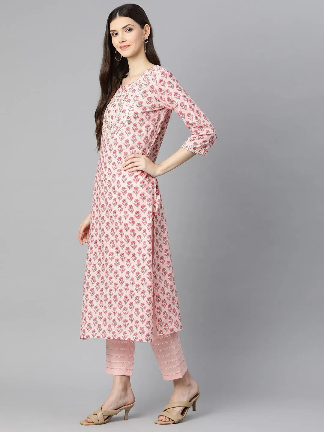 Divena Pink Cotton Straight Kurta Pant Set With Dupatta