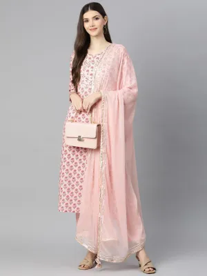 Divena Pink Cotton Straight Kurta Pant Set With Dupatta