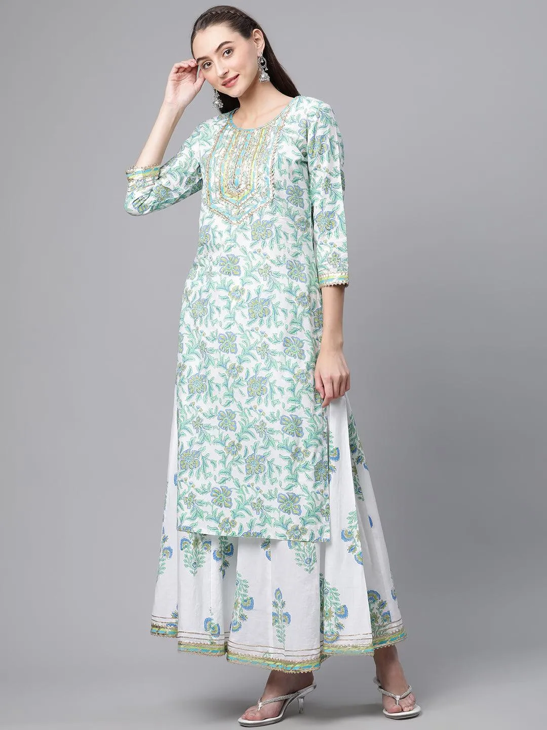 Divena White Floral Printed Kurta Palazzo set with Dupatta