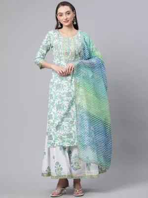 Divena White Floral Printed Kurta Palazzo set with Dupatta