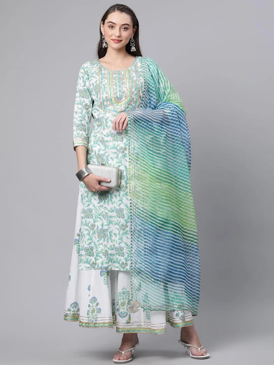 Divena White Floral Printed Kurta Palazzo set with Dupatta