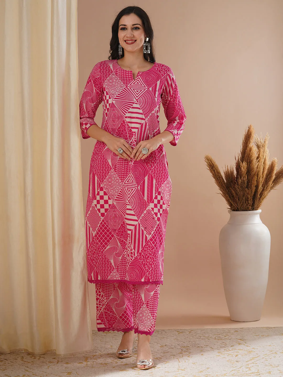 Ethnic Geometric Printed & Embroidered Straight Fit Co-ord Set - Pink