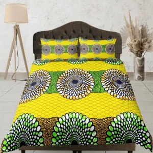 Geometric circles african yellow bedding set duvet cover, boho bedding ethnic tribal design, afrocentric designer bedding south african gift