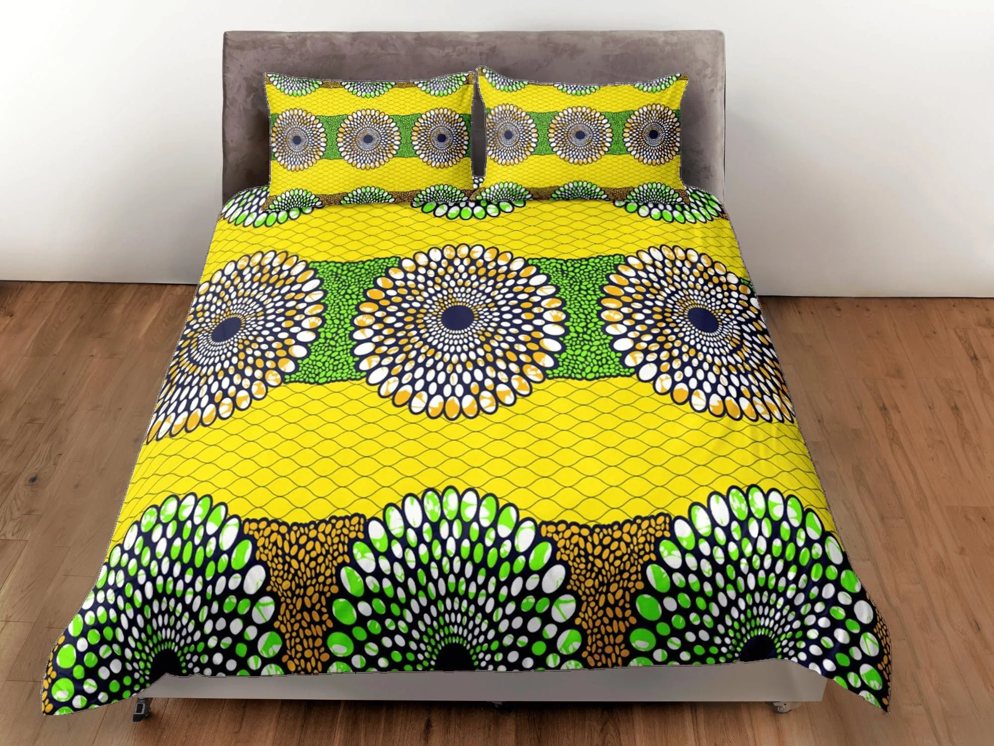 Geometric circles african yellow bedding set duvet cover, boho bedding ethnic tribal design, afrocentric designer bedding south african gift