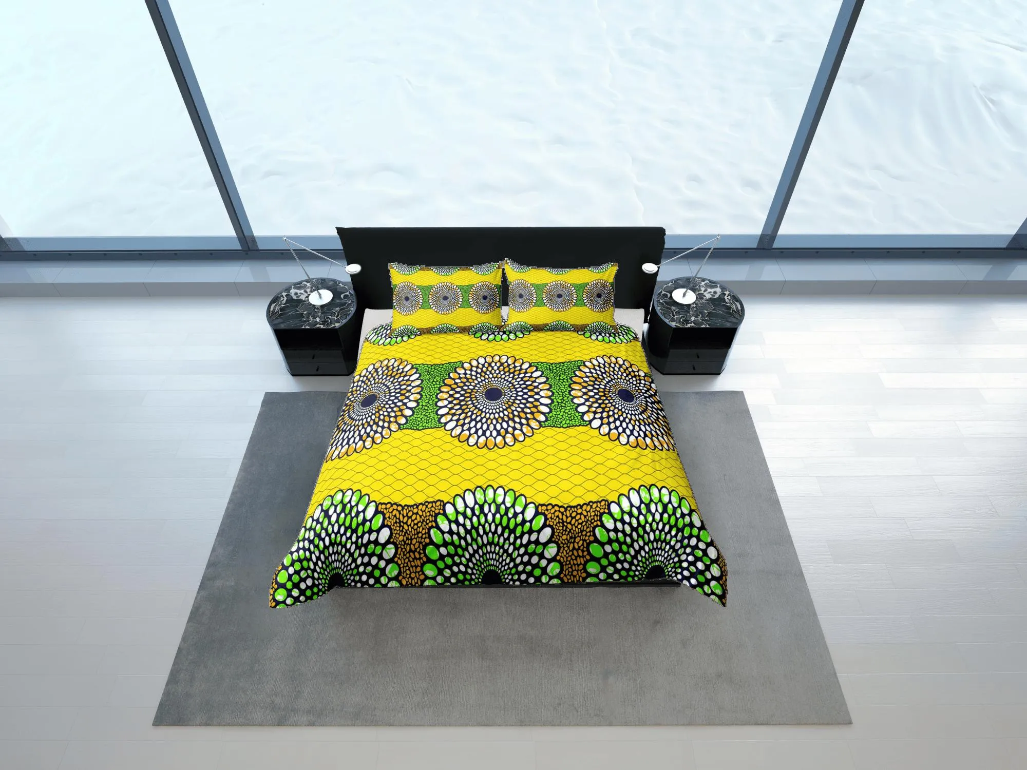 Geometric circles african yellow bedding set duvet cover, boho bedding ethnic tribal design, afrocentric designer bedding south african gift