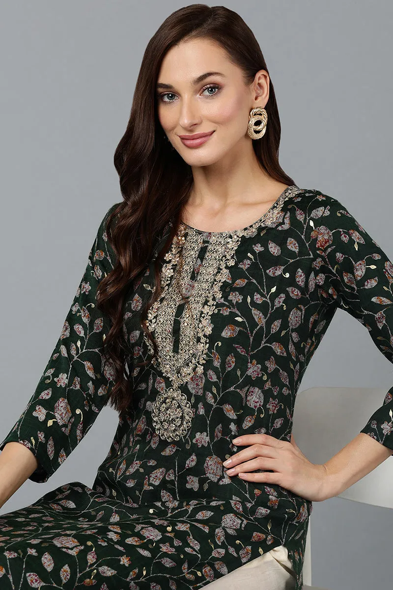 Green Silk Blend Floral Straight Kurta