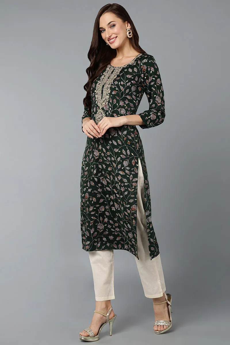 Green Silk Blend Floral Straight Kurta