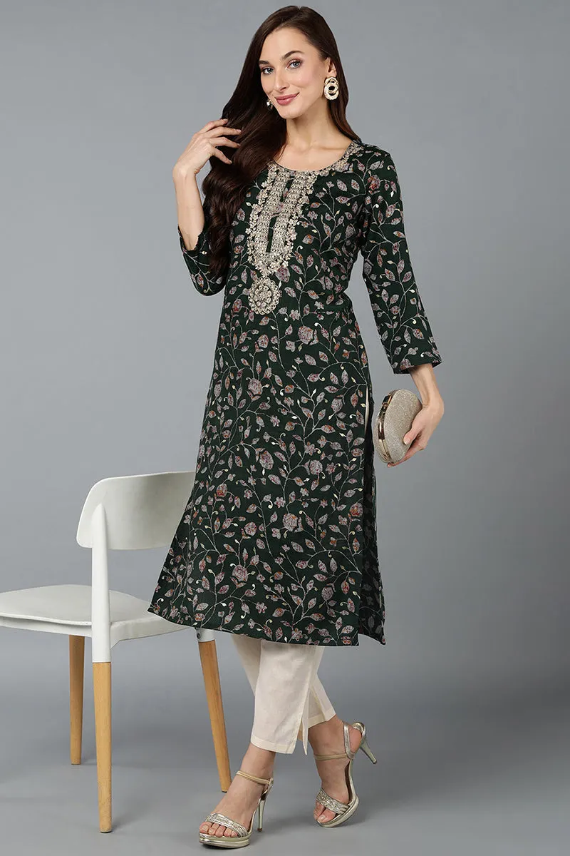 Green Silk Blend Floral Straight Kurta