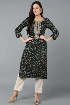 Green Silk Blend Floral Straight Kurta