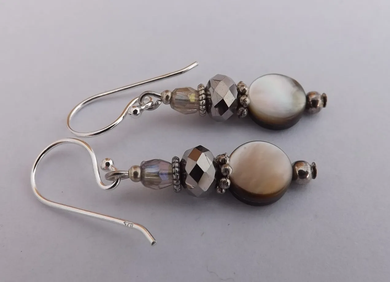 Grey Mother of Pearl Bead Earrings on Sterling Silver Hooks