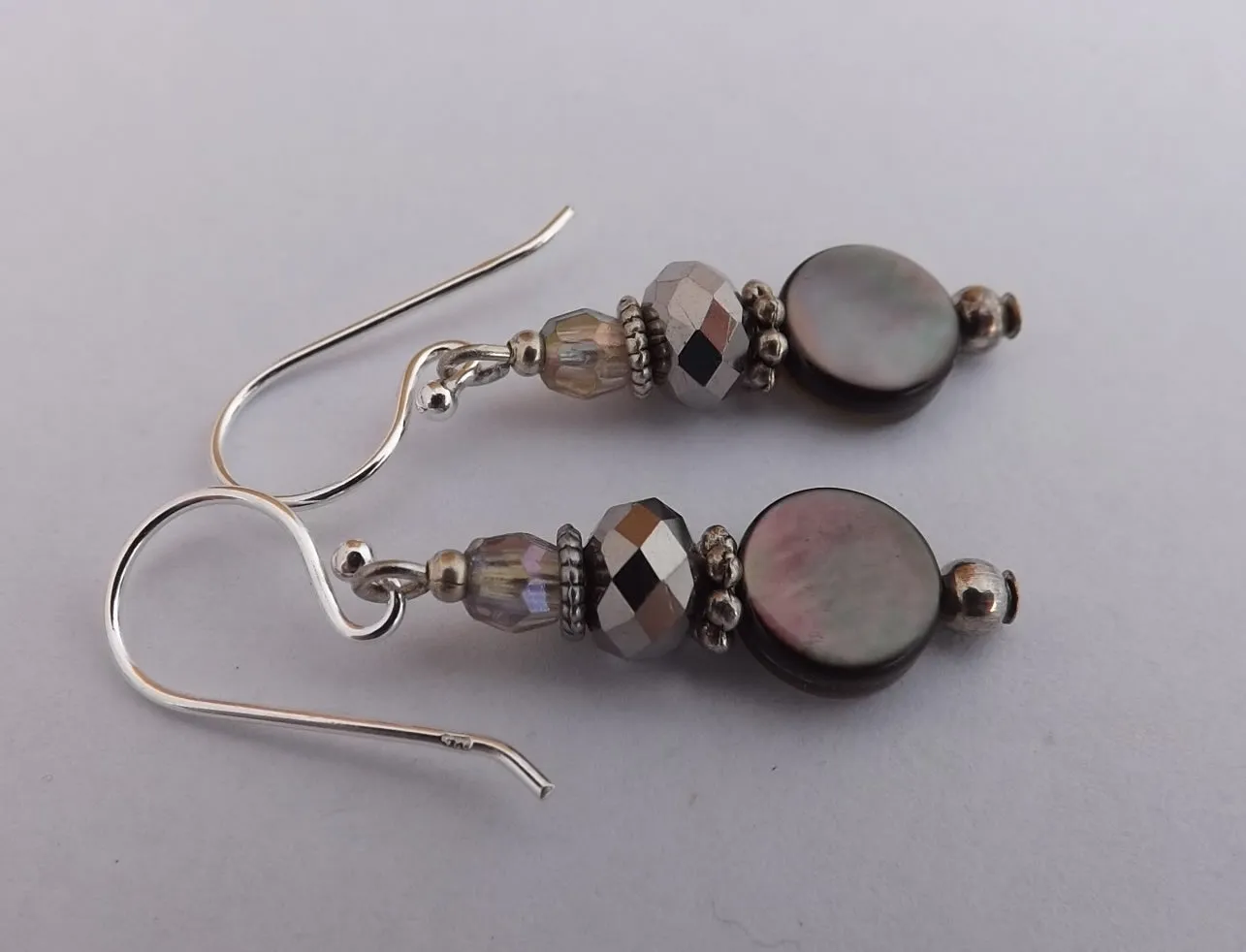 Grey Mother of Pearl Bead Earrings on Sterling Silver Hooks