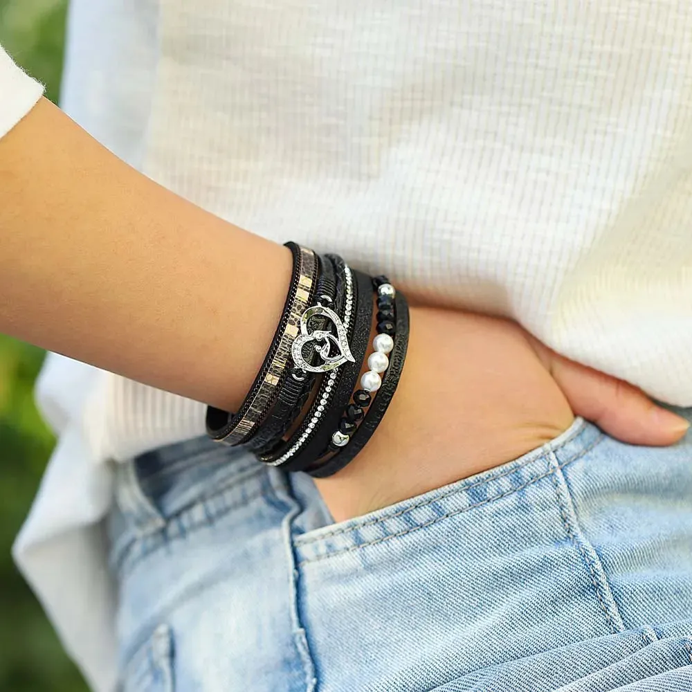 'Inspired Heart' Rhinestones and Beads Bracelet - black